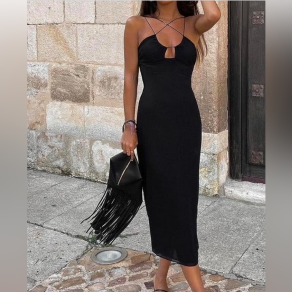 Zara Black Strappy Midi Dress with Crisscross Neckline